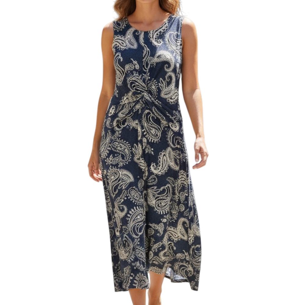 Sandra Darren Womens Midi Dress Size XL Blue Twist Front Sleeveless Work Office